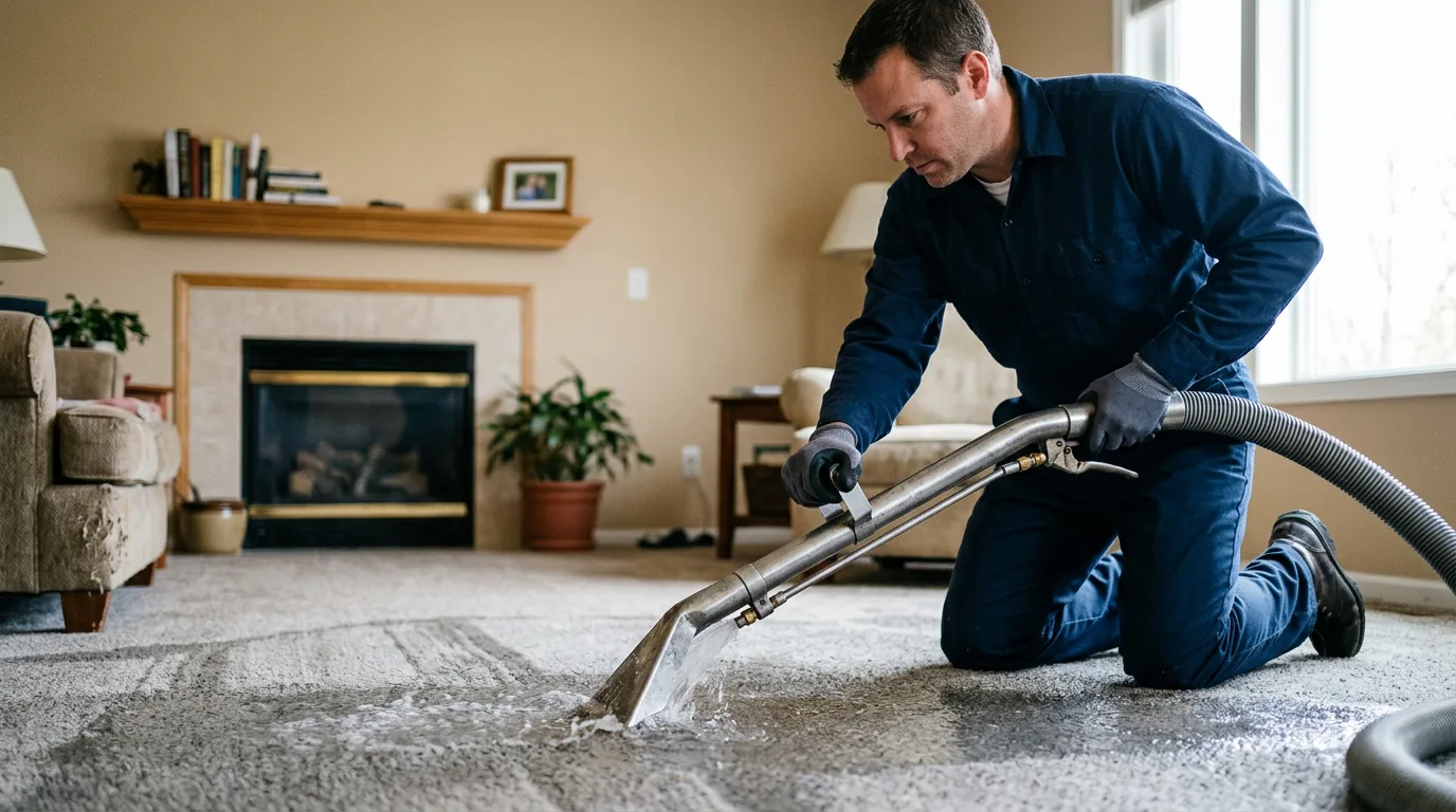 Water damage restoration technician working in a home in Missouri